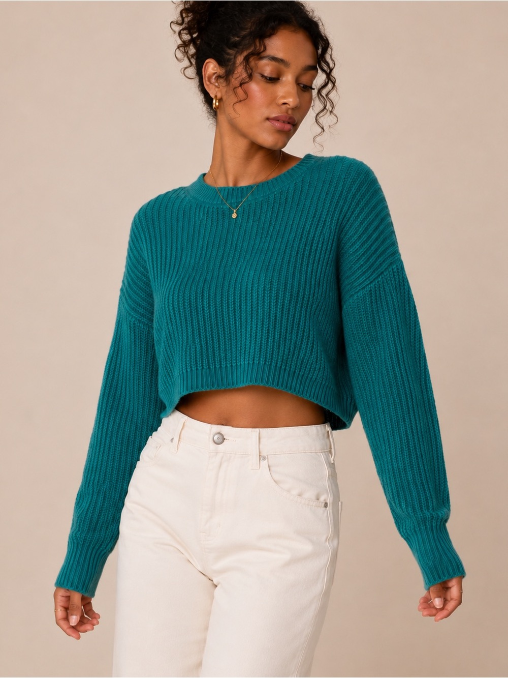 Mustard Seed • Teal Turquoise Ribbed Knit Crop Sweater